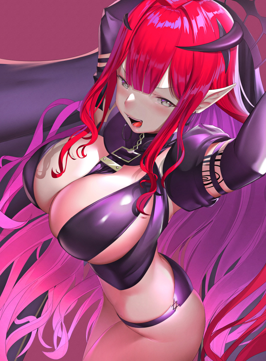 1girl arms_up bangs bare_shoulders black_panties breasts detached_sleeves earrings fate/grand_order fate_(series) grey_eyes highres jewelry kariza large_breasts long_hair looking_at_viewer open_mouth panties pink_hair pointy_ears revealing_clothes sidelocks smile solo thigh_strap thighs tiara tristan_(fairy_knight)_(fate) underwear veil