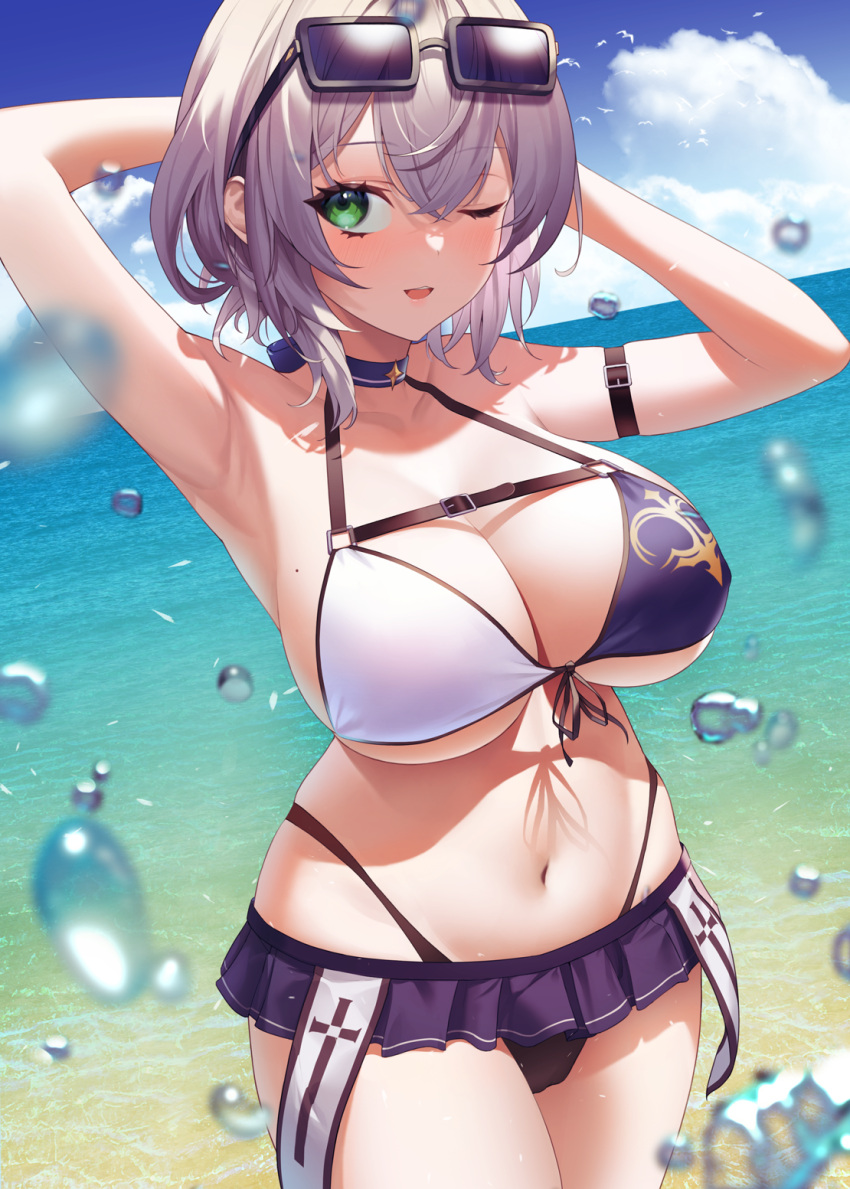 1girl armpits bare_shoulders bikini bird blue_sky breasts bubble choker cleavage cloud cowboy_shot day eyewear_on_head front-tie_bikini front-tie_top green_eyes highleg highleg_bikini highres hololive horizon large_breasts looking_at_viewer microskirt multicolored multicolored_bikini multicolored_clothes ocean one_eye_closed outdoors seagull shirogane_noel short_hair silver_hair skirt sky smile solo summer sunglasses swimsuit virtual_youtuber yaye