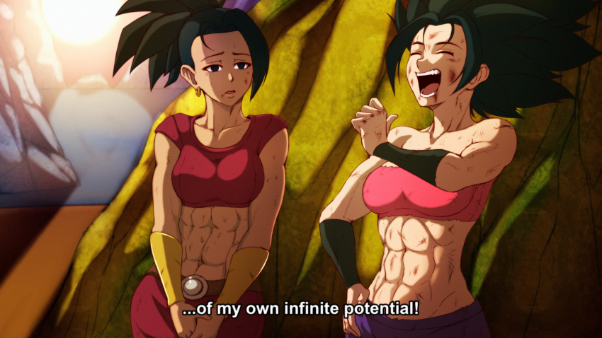 2girls abs absurdres bare_shoulders battle_damage belt big_hair black_eyes black_hair breasts bruise caulifla closed_eyes derivative_work dinortista dragon_ball dragon_ball_super earrings english_text highres injury jewelry kale_(dragon_ball) midriff multiple_girls muscular muscular_female navel open_mouth pants ponytail screencap_redraw shorts smile spiked_hair subtitled tank_top