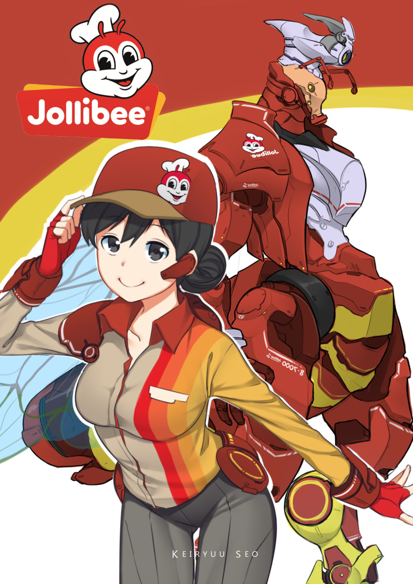 1girl absurdres adjusting_clothes adjusting_headwear baseball_cap black_eyes black_hair bodysuit boots earphones fingerless_gloves gloves grey_pants grey_shirt hair_bun hat highres insect_wings jollibee jollibee_(mascot) mecha mechanization original paavuchi pants shirt uniform waitress wings