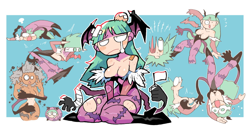1girl :&lt; :o absurdres bandages black_footwear black_leotard black_wings blue_background boots broken_arm cartoonized covering covering_breasts covering_crotch cutout_below_navel demon_girl extra_arms flag head_bump head_wings heart high_heel_boots high_heels highres kneeling leotard long_hair morrigan_aensland pantyhose purple_legwear rariatto_(ganguri) tan tanline tears tongue tongue_out torn_clothes torn_legwear triangle_mouth vampire_(game) violence waving_arm white_flag wings