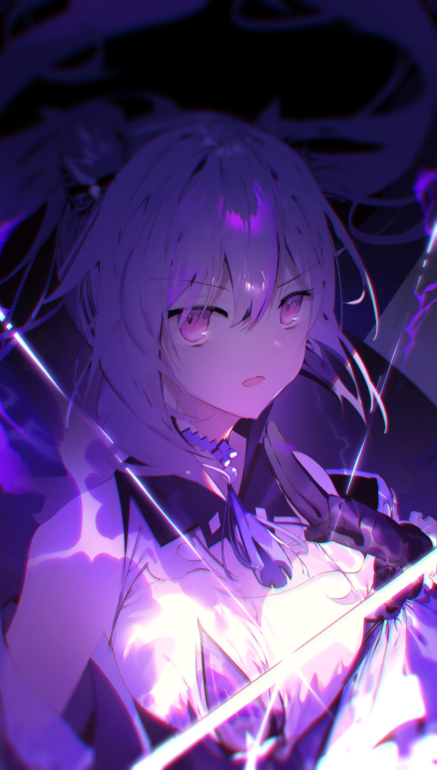 1girl angry bangs banned_artist bare_shoulders black_background chestnut_mouth commentary detached_sleeves dress english_commentary genshin_impact highres keqing_(genshin_impact) lens_flare leo_(feeling_goooood) long_hair long_sleeves looking_at_viewer open_mouth purple_dress purple_eyes purple_hair purple_theme sidelocks solo