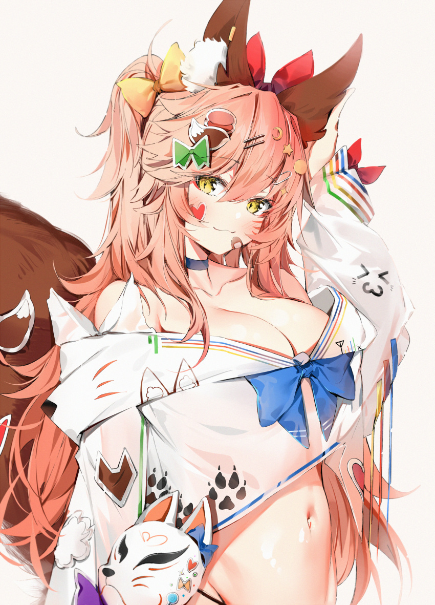 1girl :3 absurdres animal_ear_fluff animal_ears arm_up bandaid bandaid_on_face bangs blue_bow blue_choker blush bow breasts choker cleavage collarbone commentary crescent crescent_hair_ornament crop_top eyebrows_visible_through_hair facial_mark fate/extra fate_(series) fox_ears fox_girl fox_mask fox_tail green_bow hair_between_eyes hair_bow hair_ornament hairclip heart_stickers highres huge_filesize large_breasts long_hair long_sleeves looking_at_viewer mask mask_removed midriff navel off_shoulder pink_hair red_bow shirt silver_(chenwen) simple_background solo star_(symbol) star_hair_ornament sticker stomach tail tail_raised tamamo_(fate)_(all) tamamo_no_mae_(fate) very_long_hair whisker_markings white_background white_shirt yellow_bow yellow_eyes