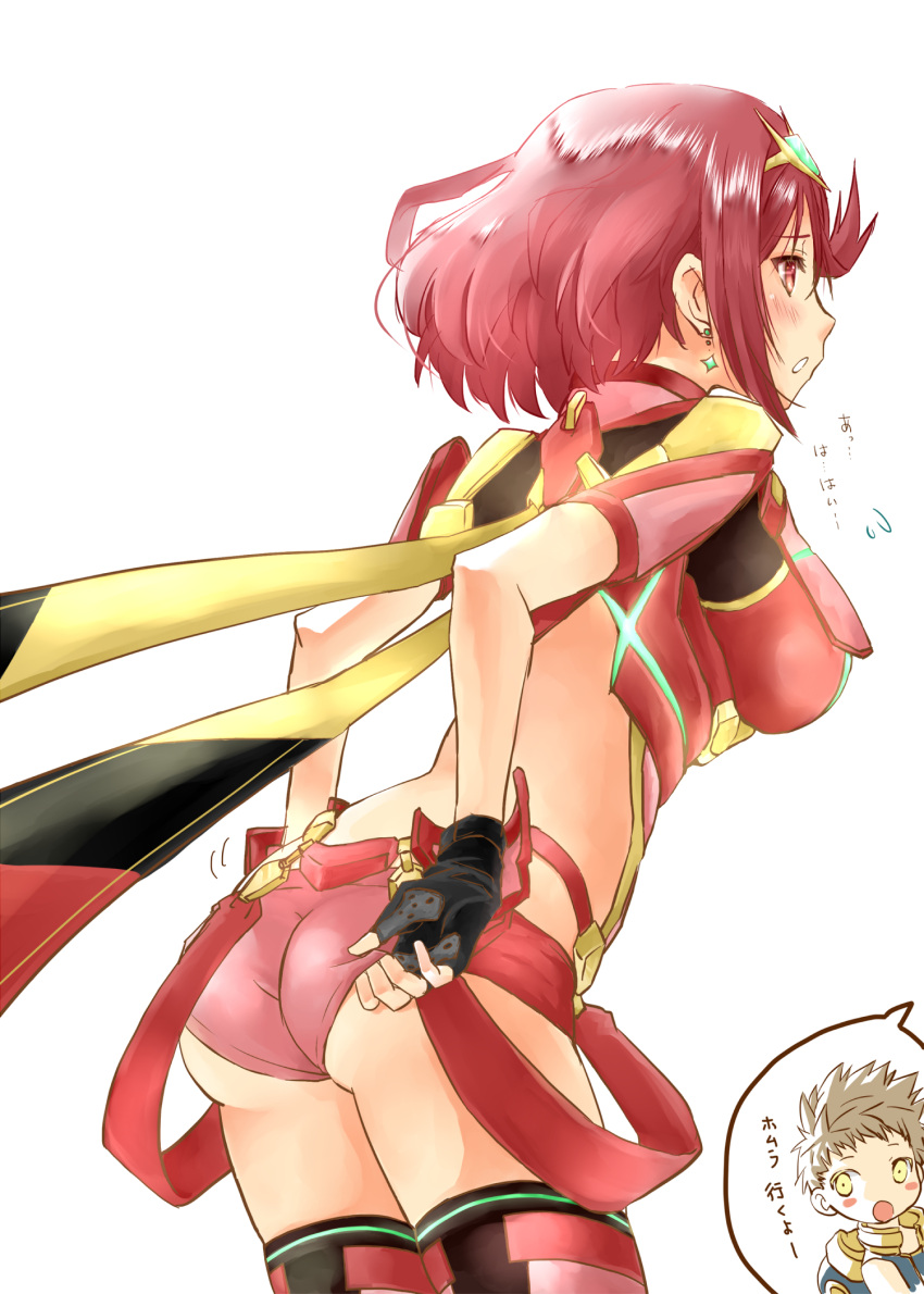 1girl bangs black_gloves breasts earrings fingerless_gloves gloves highres jewelry large_breasts pyra_(xenoblade) red_eyes red_hair red_legwear red_shorts rex_(xenoblade) shiroxai short_hair short_shorts shorts swept_bangs thighhighs tiara xenoblade_chronicles_(series) xenoblade_chronicles_2