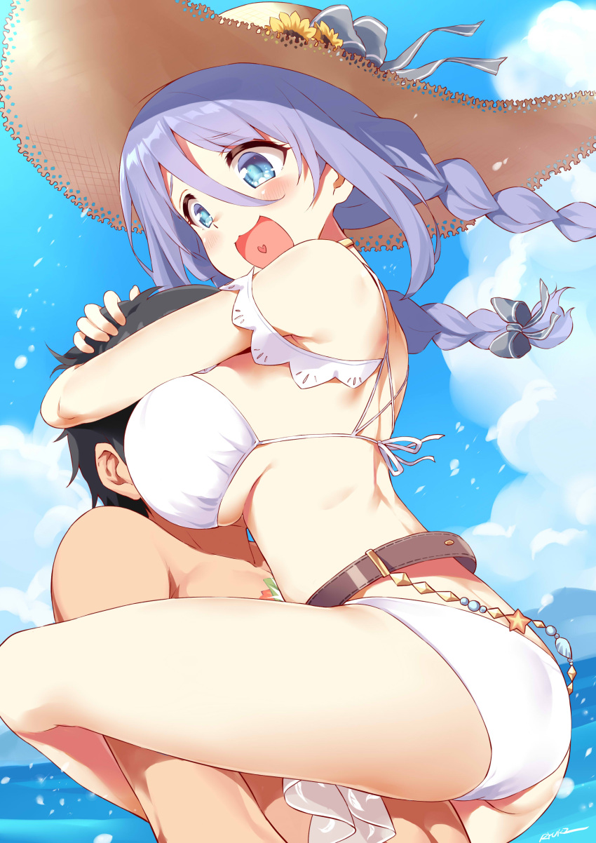 1boy 1girl absurdres ass back bangs belt bikini black_hair blue_eyes blue_sky braid breast_smother breasts cloud commentary_request day eyebrows_visible_through_hair face_hug face_to_breasts flower hair_between_eyes hair_ribbon hat hat_flower hat_ribbon heart highres hug large_breasts leg_lock long_hair ocean open_mouth outdoors princess_connect! purple_hair ribbon ryuki_(ryukisukune) shizuru_(princess_connect!) sideboob sky smile straw_hat sun_hat sunflower swimsuit thighs white_bikini yuuki_(princess_connect!)