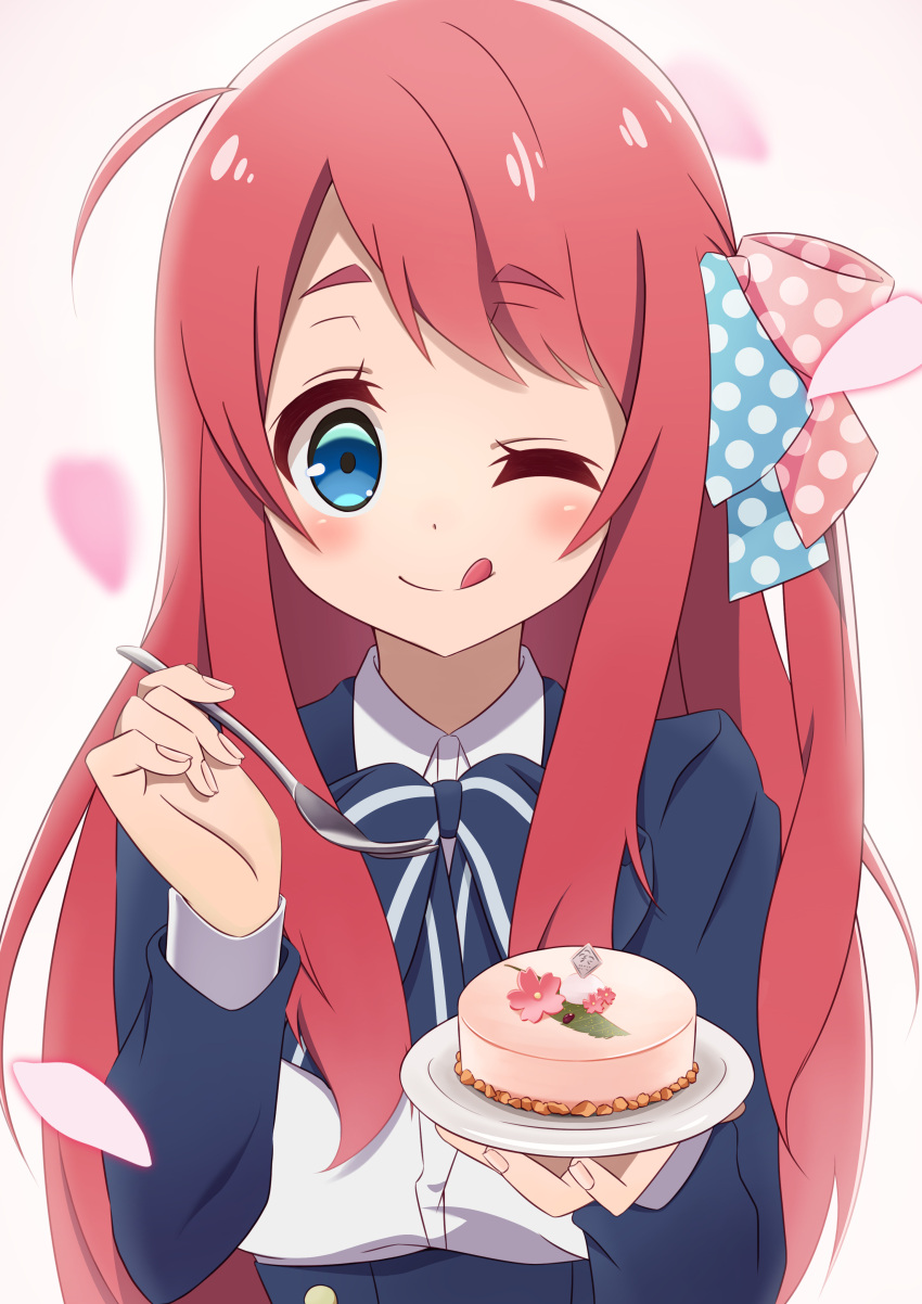 1girl ;p absurdres ahoge bangs blue_eyes blue_ribbon blush bow breasts cake cherry_blossoms eyebrows_visible_through_hair food fork highres holding holding_food holding_fork holding_plate long_hair looking_at_viewer minamoto_sakura one_eye_closed pink_ribbon plate polka_dot polka_dot_ribbon red_hair ribbon school_uniform simple_background solo springshark324 striped striped_bow tongue tongue_out white_background zombie_land_saga