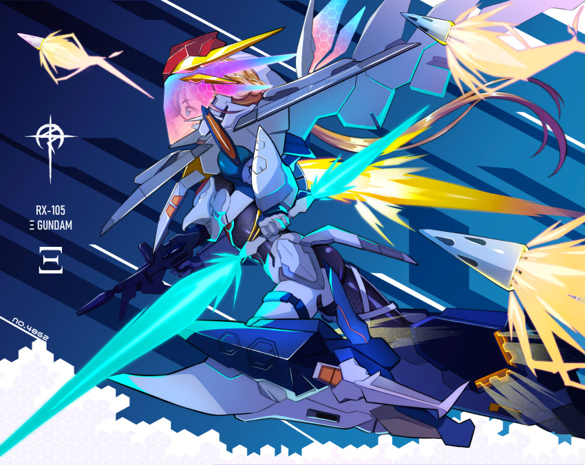 1girl armor artist_name beam_rifle beam_saber blonde_hair bodysuit braid character_name commentary double-blade energy_gun energy_sword english_text flying funnels greek_letters green_eyes gundam gundam_hathaway's_flash helmet highres john48625555mkii logo long_hair mecha_musume mechanical_wings ponytail saberstaff skin_tight solo sword thrusters v-fin visor weapon wings xi_gundam