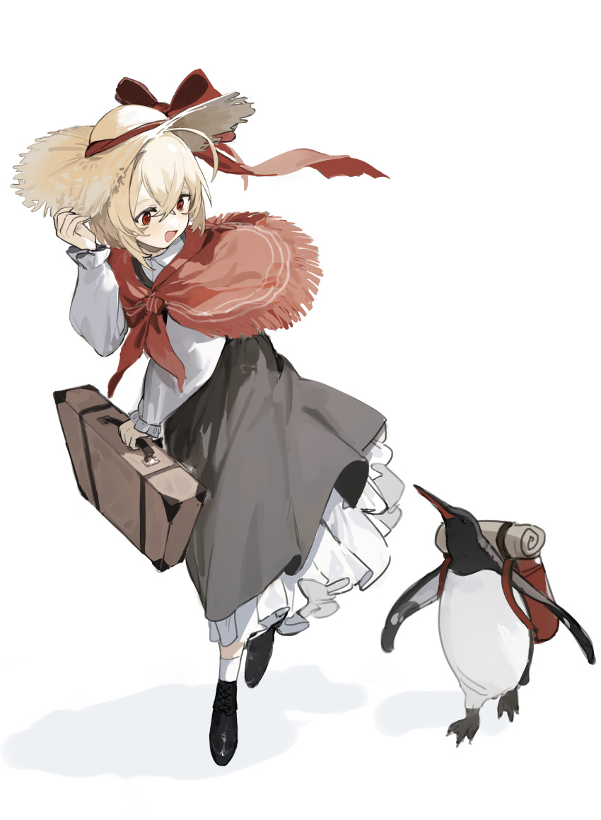 1girl absurdres animal bag bangs bird black_footwear boots bow collar dress grey_dress hair_between_eyes hand_on_headwear hand_up hat hat_bow highres long_sleeves looking_at_another open_mouth penguin red_bow red_eyes red_scarf rumia scarf sh_(562835932) shadow shirt short_hair simple_background smile socks solo touhou walking white_background white_collar white_legwear white_shirt yellow_headwear
