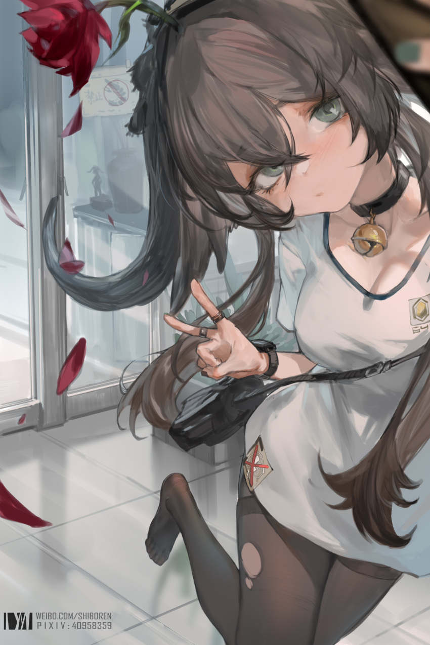 1girl absurdres arknights arm_up bangs bell black_choker black_hair black_legwear blurry blurry_foreground breasts chinese_commentary choker closed_mouth commentary_request crossed_bangs dm_(dai_miao) flower grey_eyes hair_between_eyes hair_flower hair_ornament highres indoors jewelry jingle_bell leaning_to_the_side long_hair looking_at_viewer medium_breasts multiple_rings nail_polish neck_bell no_shoes pallas_(arknights) pantyhose petals pixiv_id red_flower ring selfie shirt solo standing standing_on_one_leg torn_clothes torn_legwear v watch weibo_username white_shirt wristwatch