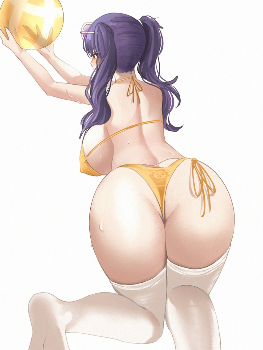 1girl ass azur_lane back ball bikini blush breasts eyebrows_visible_through_hair eyewear_on_head highres holding holding_ball large_breasts long_hair looking_away no_shoes pola_(azur_lane) pola_(seaside_coincidence)_(azur_lane) purple_hair red_eyes seiza sitting soles solo sweat swimsuit thighhighs thighs twintails wejil white_background white_legwear yellow_bikini yellow_swimsuit