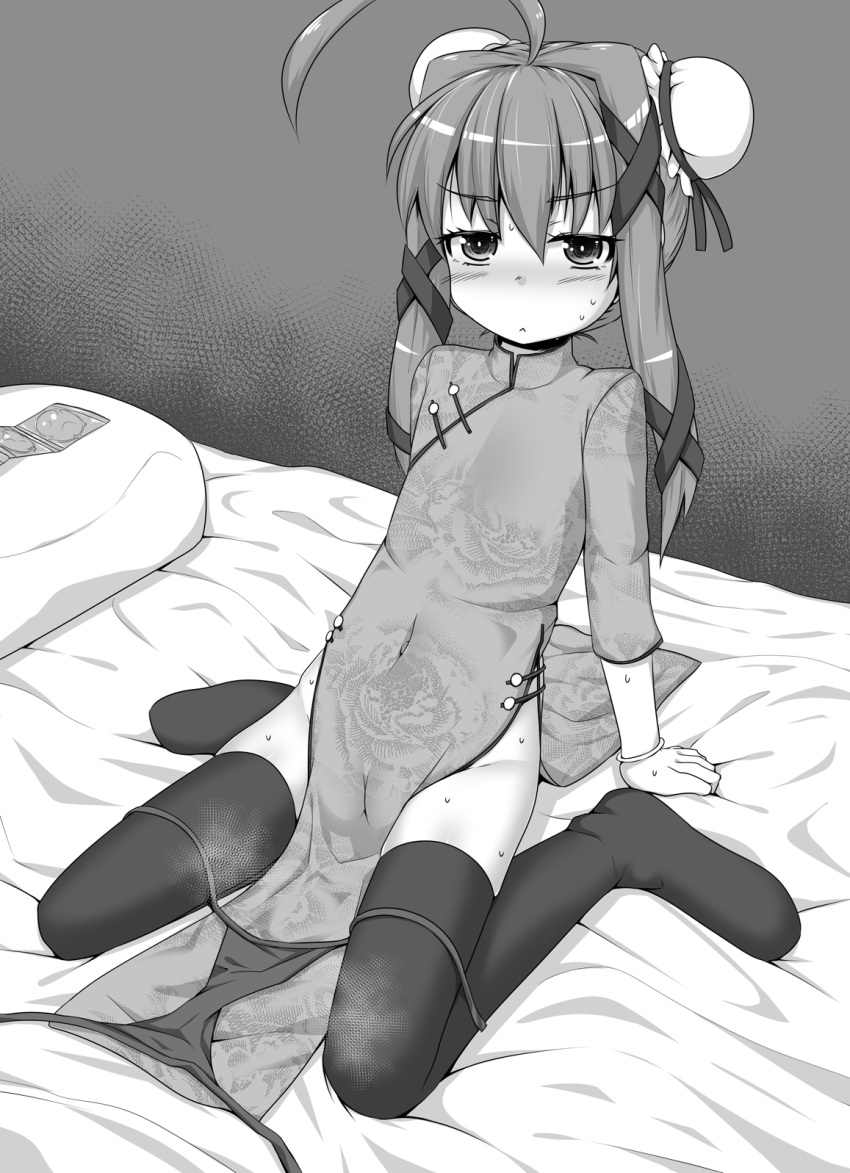 1girl :&lt; ahoge arm_support bangs blush bracelet bun_cover cameltoe china_dress chinese_clothes closed_mouth commentary_request condom condom_packet_strip condom_wrapper covered_navel double_bun dress embarrassed eyebrows_visible_through_hair flat_chest full_body greyscale groin hair_ribbon half-closed_eyes highres huge_ahoge jewelry leaning_back long_hair long_sleeves looking_at_viewer mitsuki_(toriaezu) monochrome nervous no_panties nose_blush on_bed original panties panties_removed pillow ribbon shiny shiny_hair side-tie_panties side_slit sidelocks sitting skindentation solo steam steaming_body sweat thighhighs tied_hair twintails underwear wariza