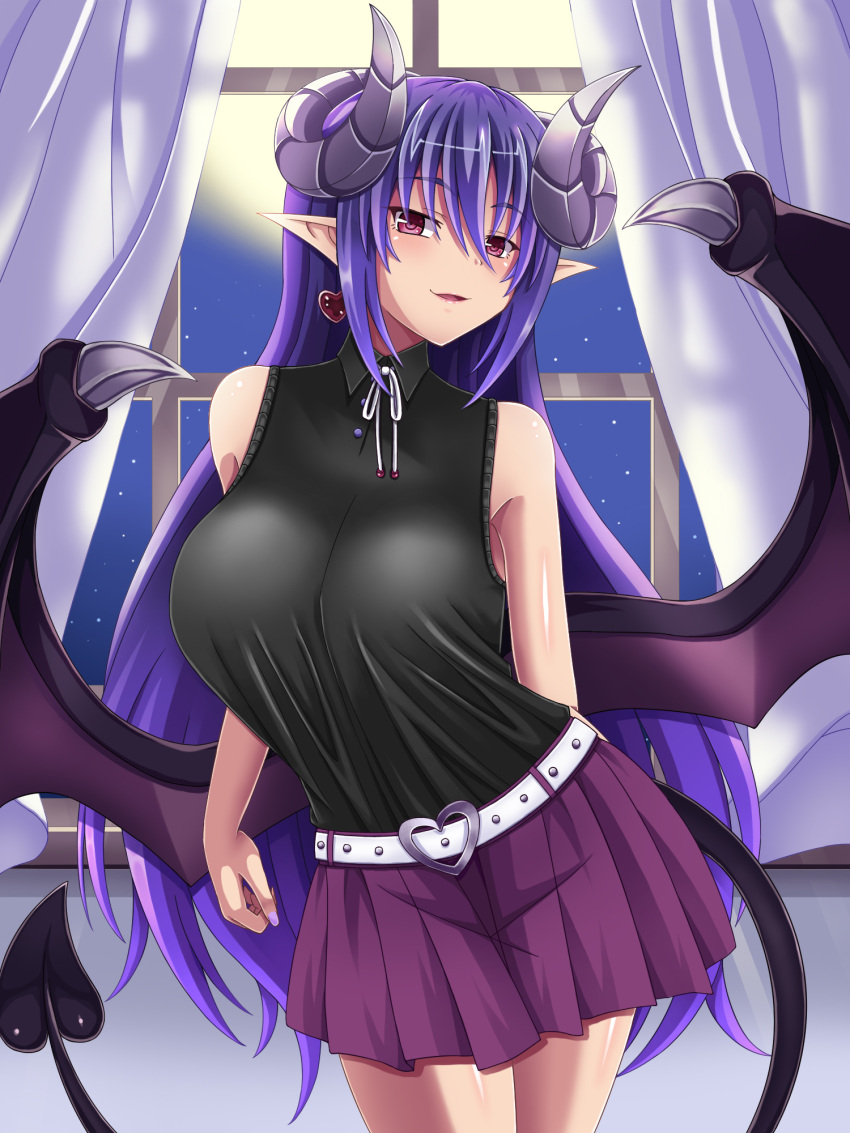 1girl bangs bare_arms bare_shoulders belt black_shirt breasts commentary_request curled_horns curtains demon_girl demon_horns demon_tail demon_wings earrings hair_between_eyes heart heart_earrings highres horns jewelry large_breasts long_hair looking_at_viewer monster_girl_encyclopedia night parted_lips pleated_skirt pointy_ears purple_hair red_eyes shirt skirt sleeveless sleeveless_shirt smile sogegin solo succubus_(monster_girl_encyclopedia) tail very_long_hair window wings