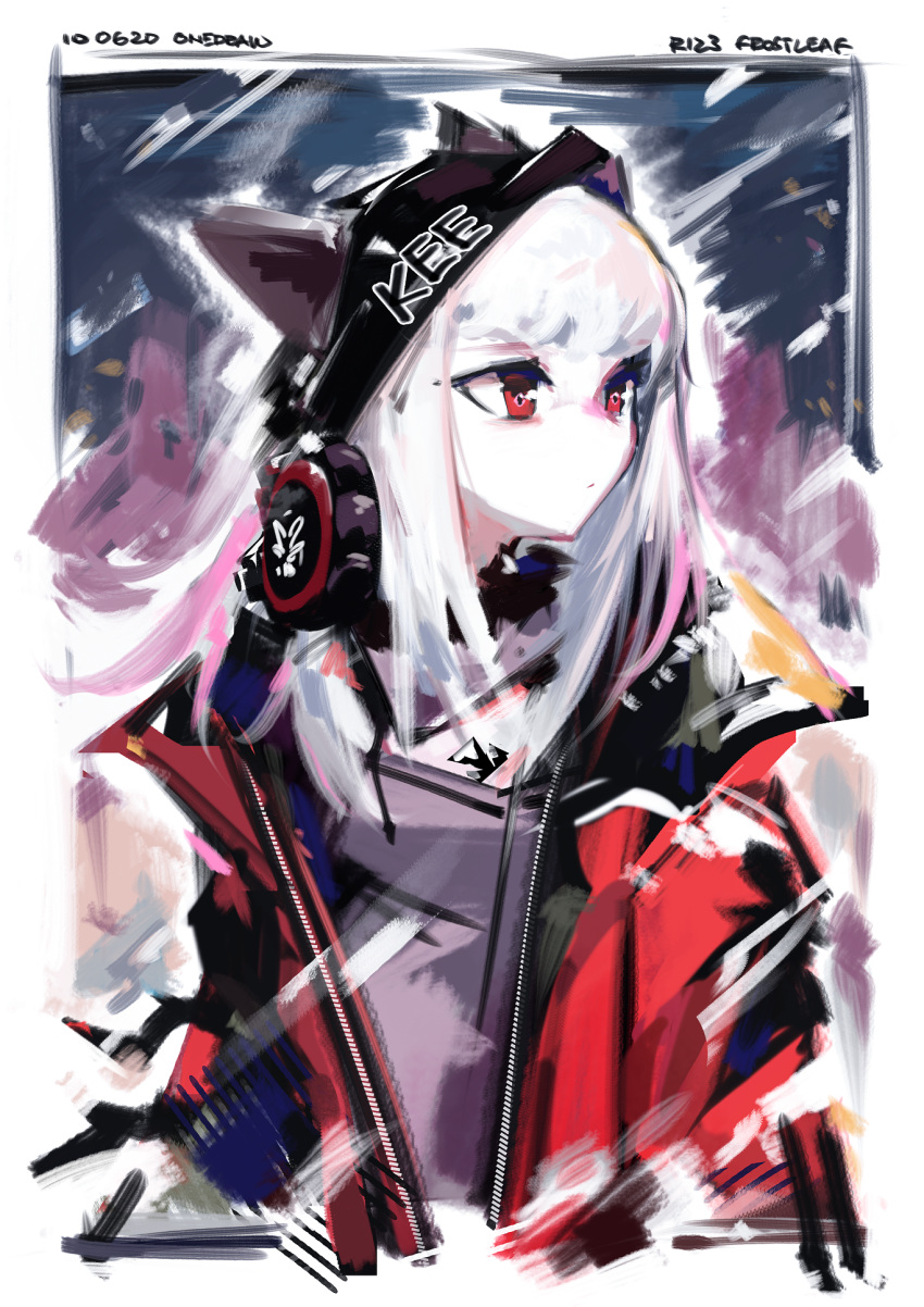 1girl animal_ears arknights bangs black_headwear character_name closed_mouth commentary dated deel_(rkeg) fox_ears frostleaf_(arknights) headphones highres jacket long_hair looking_away looking_to_the_side one-hour_drawing_challenge open_clothes open_jacket purple_shirt red_eyes red_jacket shirt solo upper_body white_hair