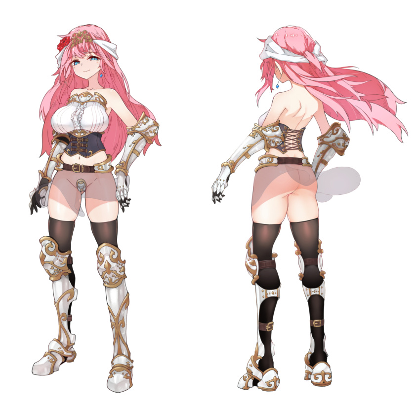 1girl armored_boots ass backless_outfit bare_shoulders black_legwear blue_eyes boots breasts character_sheet closed_mouth commentary_request corset earrings eyebrows_visible_through_hair flower full_body gauntlets hair_flower hair_ornament highres jewelry large_breasts long_hair looking_at_viewer maebari multiple_views navel no_pants original pink_hair poleyn red_flower revealing_clothes shirt shoulder_blades simple_background skindentation smile standing thighhighs thighs tiara underbust vambraces white_background white_shirt windmill_9