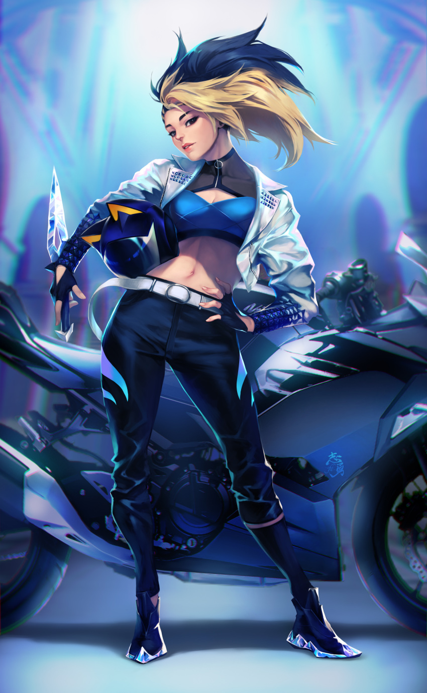 1girl absurdres akali asymmetrical_hair belt belt_buckle black_gloves black_hair blonde_hair breasts brown_eyes buckle cleavage cleavage_cutout clothing_cutout contrapposto cropped_jacket eyebrows facing_viewer fingerless_gloves full_body gloves ground_vehicle hand_on_hip head_tilt headwear_removed helmet helmet_removed highres holding holding_weapon jacket k/da_(league_of_legends) k/da_akali kunai league_of_legends lips looking_at_viewer medium_breasts midriff motor_vehicle motorcycle motorcycle_helmet multicolored_hair pants ponytail shadow shiny shiny_clothes shiyuu_(shiyu) solo standing stomach the_baddest_akali two-tone_hair weapon