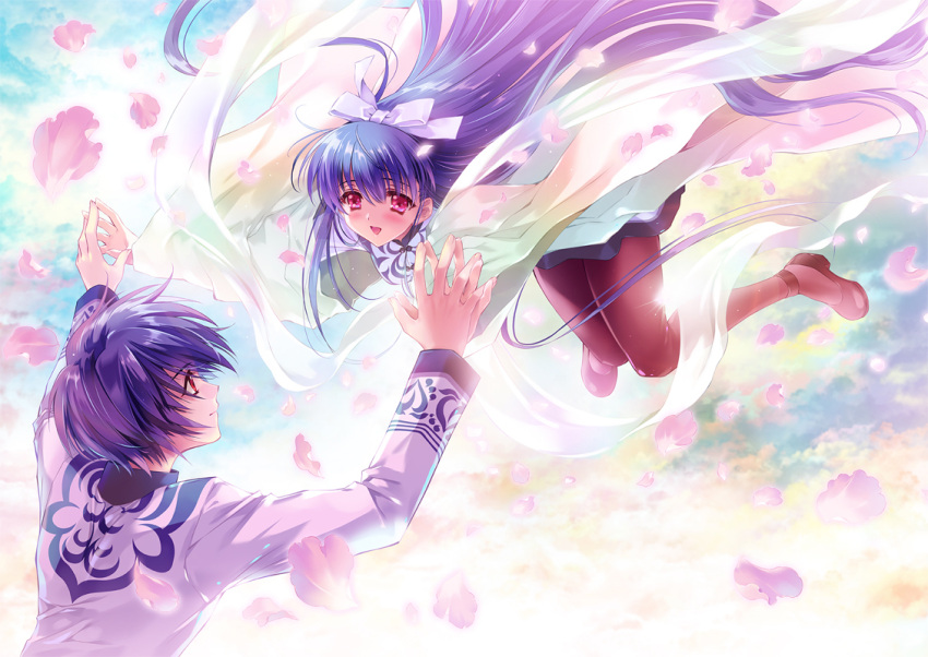 1boy 1girl bangs black_footwear black_legwear blue_hair blue_sky blush bow carnelian cloud commentary_request couple day dress eyebrows_visible_through_hair full_body hair_between_eyes hair_bow hetero holding_hands kamiazuma_touka kawakabe_momoka light_smile long_hair long_sleeves looking_at_another open_mouth pantyhose petals red_eyes school_uniform shoes sky touka_gettan very_long_hair white_bow