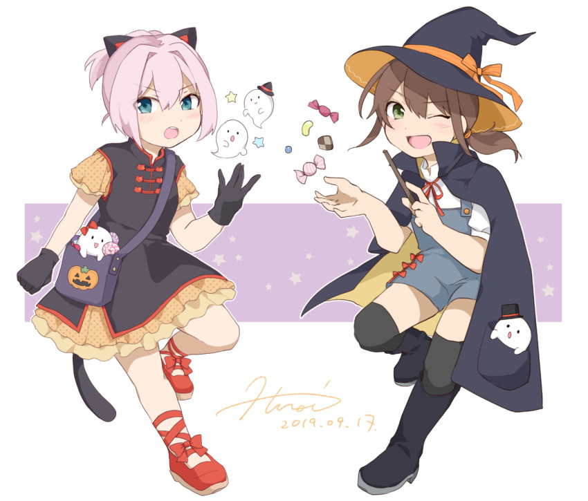 alternate_costume animal_ears bag black_cape black_dress black_footwear black_headwear black_legwear boots brown_hair cape cat_ears cat_tail dated dress fake_animal_ears frilled_dress frills fubuki_(kancolle) full_body ghost green_eyes hat hiroe_(cosmos_blue-02_421) jack-o'-lantern kantai_collection long_hair looking_at_viewer low_ponytail messenger_bag one_eye_closed overalls ponytail red_footwear shiranui_(kancolle) shirt short_ponytail short_sleeves shoulder_bag sidelocks signature smile tail thighhighs two-tone_dress wand white_shirt witch_hat