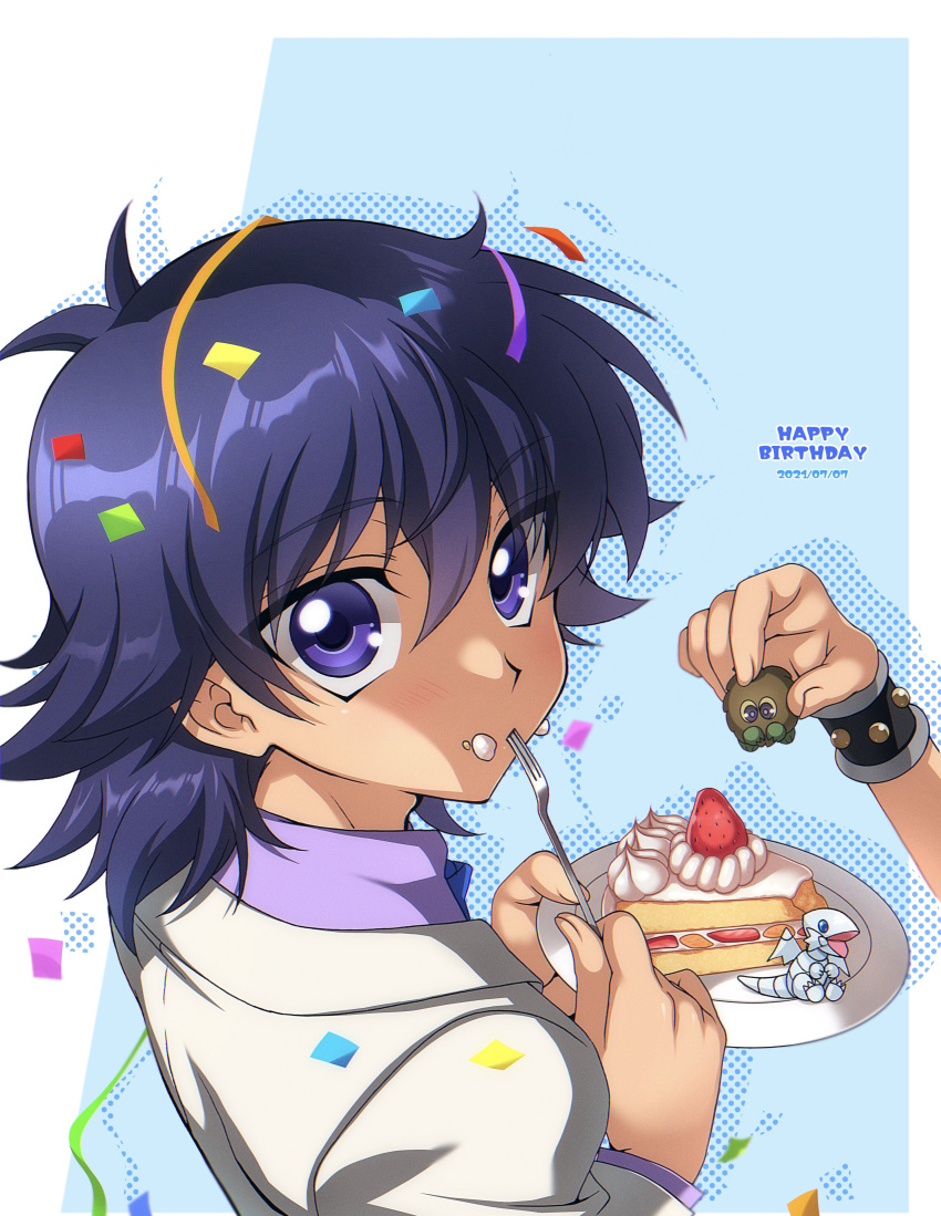 2boys absurdres bangs blue-eyes_white_dragon cake cake_slice character_doll commentary_request confetti dated eating eyebrows_visible_through_hair food food_on_face fork grey_jacket hair_between_eyes hands_up happy_birthday highres holding holding_fork holding_plate jacket kaiba_mokuba kuriboh long_hair long_sleeves looking_back male_focus multiple_boys plate purple_eyes purple_hair purple_shirt shirt udzuki_(tanachi381) upper_body yami_yuugi yu-gi-oh! yu-gi-oh!_duel_monsters