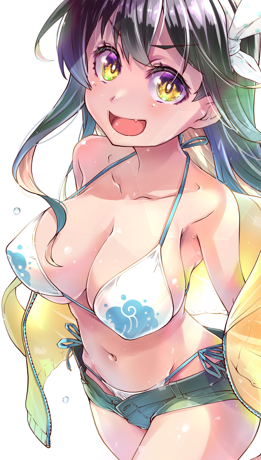 1girl alternate_costume bangs bikini black_hair blush breasts cleavage collarbone commentary_request cowboy_shot denim denim_shorts eyebrows_visible_through_hair fang halterneck highres imu_sanjo jacket kantai_collection large_breasts long_hair looking_at_viewer multicolored_hair naganami_(kancolle) navel open_fly open_mouth pink_hair ribbon shorts side-tie_bikini simple_background skin_fang smile solo string_bikini swimsuit swimsuit_under_clothes two-tone_hair white_background yellow_eyes