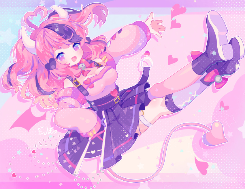 bell boots bow breasts cleavage fang garter heart horns ironmouse komusun pink pink_eyes pink_hair polychromatic short_hair signed skirt tail twintails vshojo waifu2x