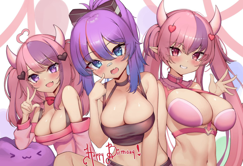 3girls ahoge bandaid bandaid_on_nose bangs blue_eyes blush bow breasts cleavage commission crop_top detached_sleeves english_commentary eyebrows_visible_through_hair fang hair_ornament halterneck happy_birthday heart heart_hair heart_hair_ornament highres ironmouse kaptivate large_breasts long_hair melody_(projektmelody) midriff multicolored_hair multiple_girls navel open_mouth pink_eyes pink_sweater projektmelody purple_hair red_bow red_hair second-party_source skin_fang smile streaked_hair sweater twintails upper_body v virtual_youtuber vshojo