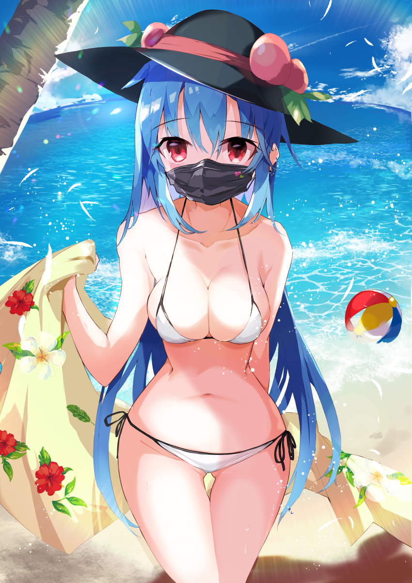 1girl absurdres ass_visible_through_thighs ball beach beachball bikini black_headwear blanket blue_hair breasts celestial floral_print food fruit hat hat_ribbon highres hinanawi_tenshi leaf long_hair mask medium_breasts mouth_mask navel ocean outdoors palm_tree peach red_eyes red_ribbon ribbon sand solo swimsuit tetsurou_(fe+) touhou tree white_swimsuit