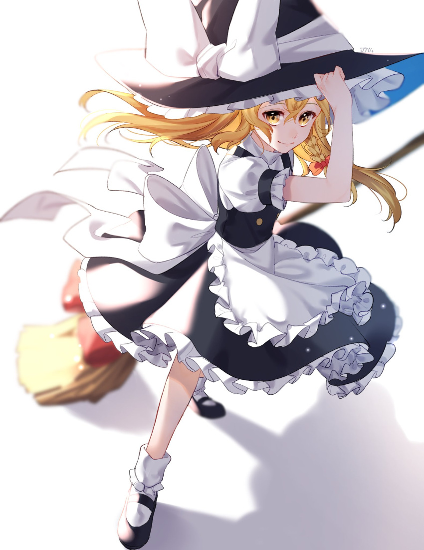 1girl apron artist_name bangs black_dress black_footwear black_headwear blonde_hair bow braid broom closed_mouth dress hair_between_eyes hair_bow hand_on_headwear hand_up hat hat_bow highres holding jill_07km kirisame_marisa light long_hair looking_at_viewer puffy_short_sleeves puffy_sleeves red_bow shadow shoes short_sleeves simple_background single_braid smile socks solo standing touhou white_apron white_background white_bow white_legwear white_sleeves witch_hat yellow_eyes