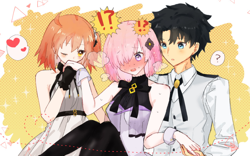 !? 1boy 2girls ? ahoge alternate_costume bangs bare_shoulders bisexual_(female) black_bow black_flower black_gloves black_hair black_legwear black_neckwear blue_eyes blush bow bowtie breasts buttons commentary_request dress eyebrows_visible_through_hair fate/grand_order fate_(series) flower formal fujimaru_ritsuka_(female) fujimaru_ritsuka_(male) gloves hair_between_eyes hair_flower hair_ornament hair_over_one_eye hand_kiss harukappa heart highres holding_hands kiss long_sleeves looking_at_another mash_kyrielight multiple_girls official_alternate_costume one_eye_closed open_mouth orange_hair pantyhose pink_hair purple_eyes shirt sleeveless sleeveless_dress speech_bubble sweat sweatdrop teeth under_the_same_sky vest white_dress white_shirt white_vest wrist_cuffs yellow_eyes