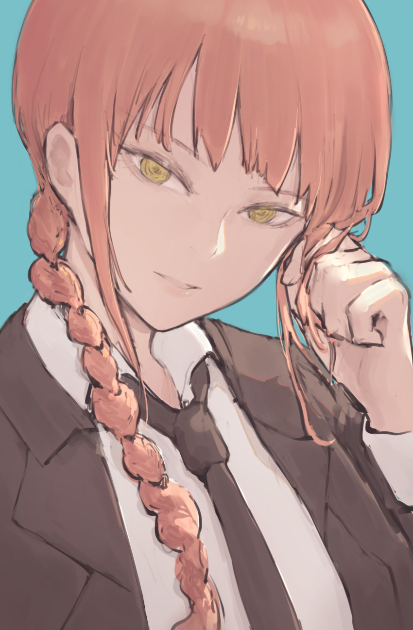 1girl 900p absurdres bangs black_jacket black_neckwear blue_background braid braided_ponytail business_suit chainsaw_man collared_shirt commentary_request formal highres jacket long_sleeves looking_at_viewer makima_(chainsaw_man) medium_hair necktie office_lady open_mouth red_hair ringed_eyes shirt sidelocks simple_background smile solo suit white_shirt yellow_eyes