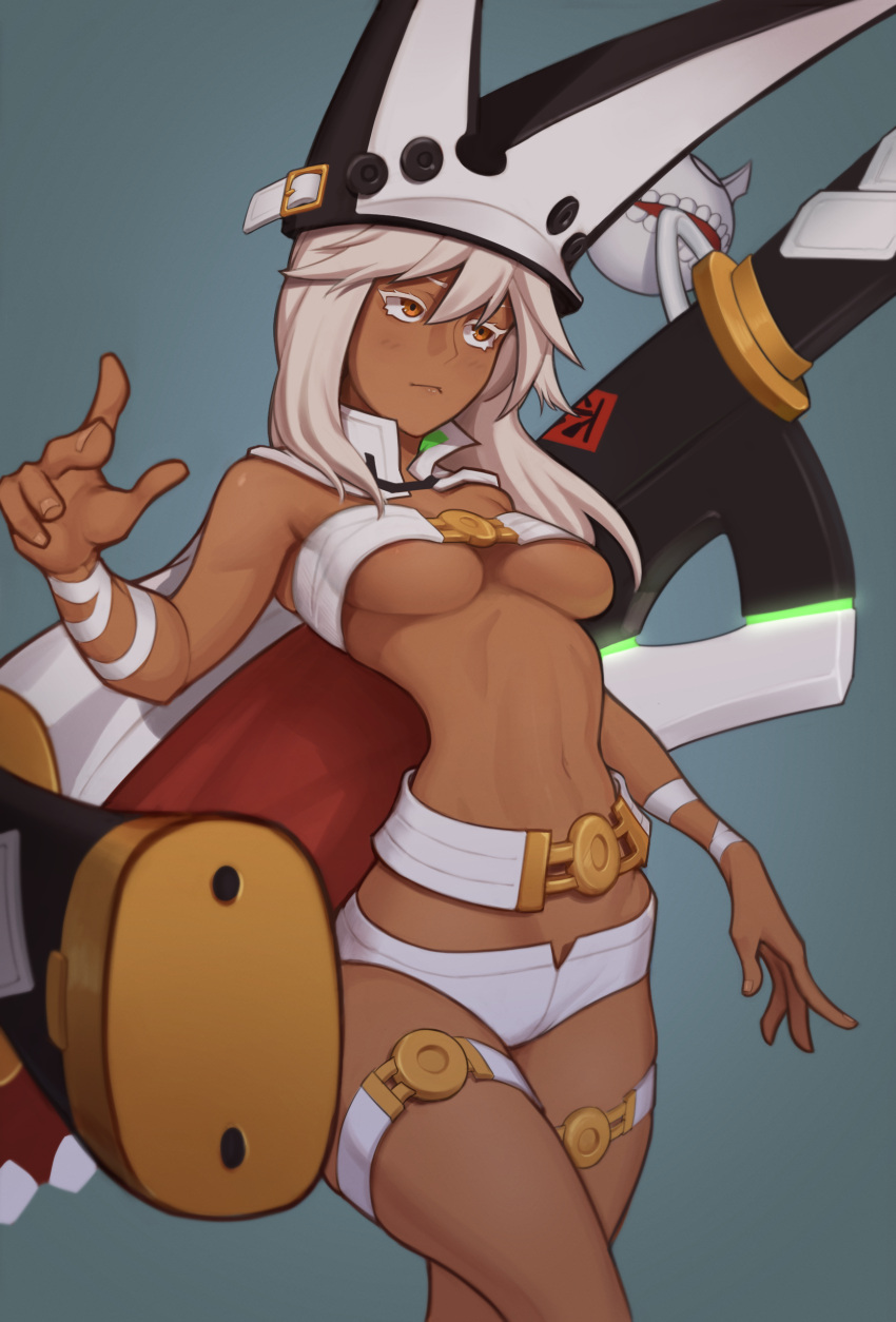 1girl :&lt; absurdres belt beltbra breasts cape dark-skinned_female dark_skin dual_wielding fellming fingernails floating floating_object floating_sword floating_weapon guilty_gear guilty_gear_xrd hat highres holding huge_weapon long_hair loose_belt lucifero medium_breasts navel orange_eyes platinum_blonde_hair ramlethal_valentine short_shorts shorts slender_waist solo stomach sword thigh_strap underboob weapon white_cape white_shorts wrist_straps