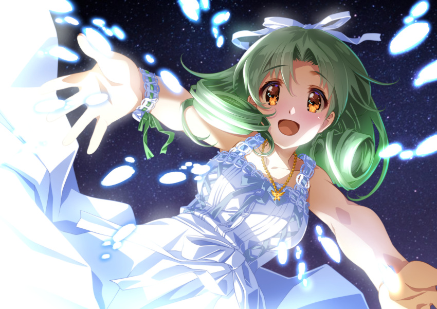 1girl bare_arms commentary_request dress dutch_angle green_hair hair_ribbon highres idolmaster idolmaster_million_live! idolmaster_million_live!_theater_days jewelry long_dress looking_at_viewer necklace night open_mouth orange_eyes pearl_necklace reaching_out ribbon senomoto_hisashi sky sleeveless sleeveless_dress solo star_(sky) starry_sky sundress tokugawa_matsuri white_dress wrist_ribbon