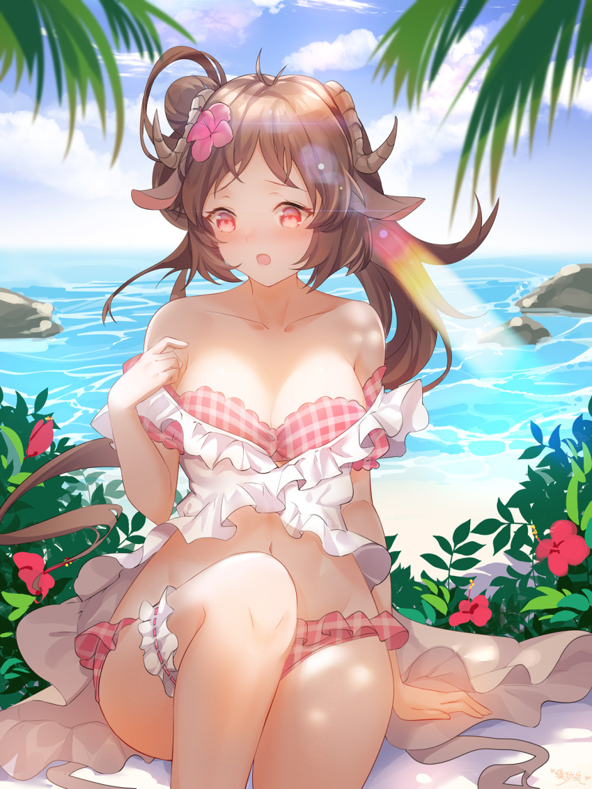 1girl :o animal_ears arknights bare_shoulders bikini breasts brown_hair cleavage collarbone commentary_request day eyjafjalla_(arknights) eyjafjalla_(summer_flowers)_(arknights) feet_out_of_frame flower frilled_bikini frills goat_ears goat_horns hair_flower hair_ornament hibiscus highres horns knee_up leg_garter lens_flare light_rays lingshalan long_hair looking_away looking_down medium_breasts mixed-language_commentary navel ocean off-shoulder_bikini off_shoulder official_alternate_costume open_mouth outdoors pink_bikini pink_flower plaid plaid_bikini red_eyes side_ponytail signature sitting solo sunbeam sunlight swimsuit water