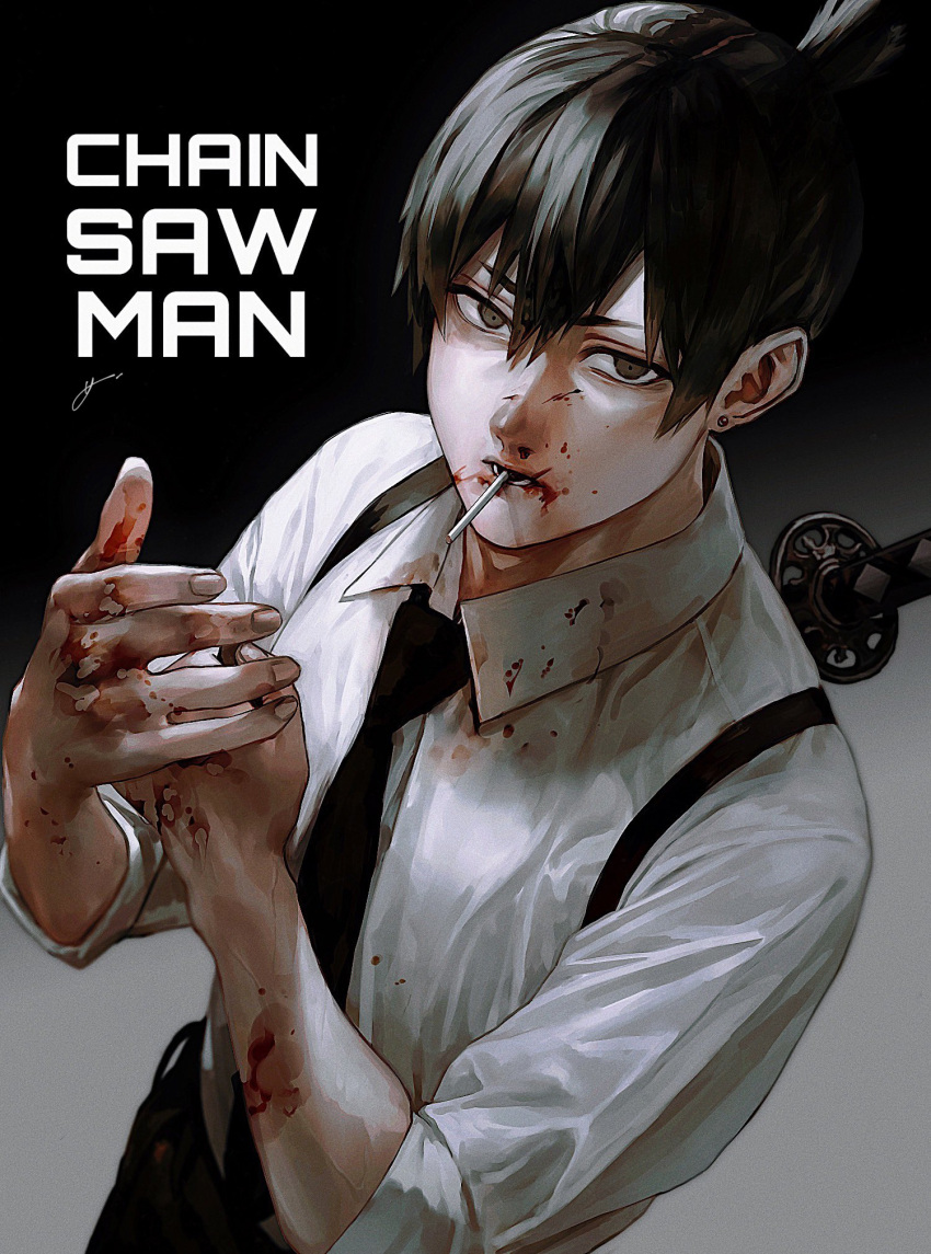 1boy black_hair black_neckwear black_pants black_suit blood blood_on_face bloody_clothes bloody_hands brown_eyes business_suit chainsaw_man cigarette earrings formal hair_between_eyes hayakawa_aki_(chainsaw_man) highres jewelry k041800 katana looking_at_viewer neckwear pants parted_lips sheath sheathed shirt sleeves_rolled_up solo standing stud_earrings suit suspenders sword topknot veiny_arms weapon white_shirt