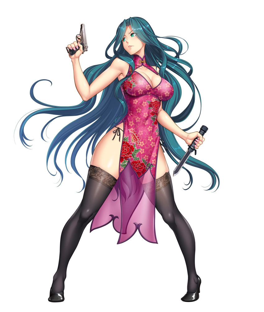 1girl black_footwear black_legwear breasts china_dress chinese_clothes cleavage cleavage_cutout clothing_cutout collarbone combat_knife dress fighting_stance floral_print green_eyes green_hair gun handgun high_heels highres holding holding_gun holding_weapon knife long_hair looking_to_the_side makishima_ayame medium_breasts official_art panties pink_nails pistol see-through side-tie_panties simple_background sleeveless sleeveless_dress solo spread_legs standing taimanin_(series) taimanin_kurenai taimanin_rpgx thighhighs underwear walther walther_ppk weapon white_background zol