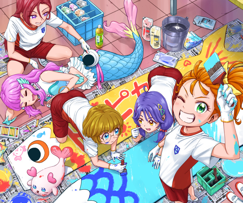 5girls :d all_fours blue_eyes bow brown_hair closed_eyes from_above gloves green_eyes grin gym_uniform hair_bow high_ponytail highres holding holding_brush ichinose_minori itou_shin'ichi kururun_(precure) laura_(precure) long_hair mermaid monster_girl multiple_girls natsuumi_manatsu one_eye_closed open_mouth paint_on_body paint_on_clothes paint_on_face pink_hair precure purple_eyes purple_hair red_hair red_shorts shiny shiny_hair shirt short_hair short_shorts shorts side_ponytail smile squatting straight_hair suzumura_sango t-shirt takizawa_asuka tropical-rouge!_precure white_gloves white_shirt yellow_bow yellow_eyes