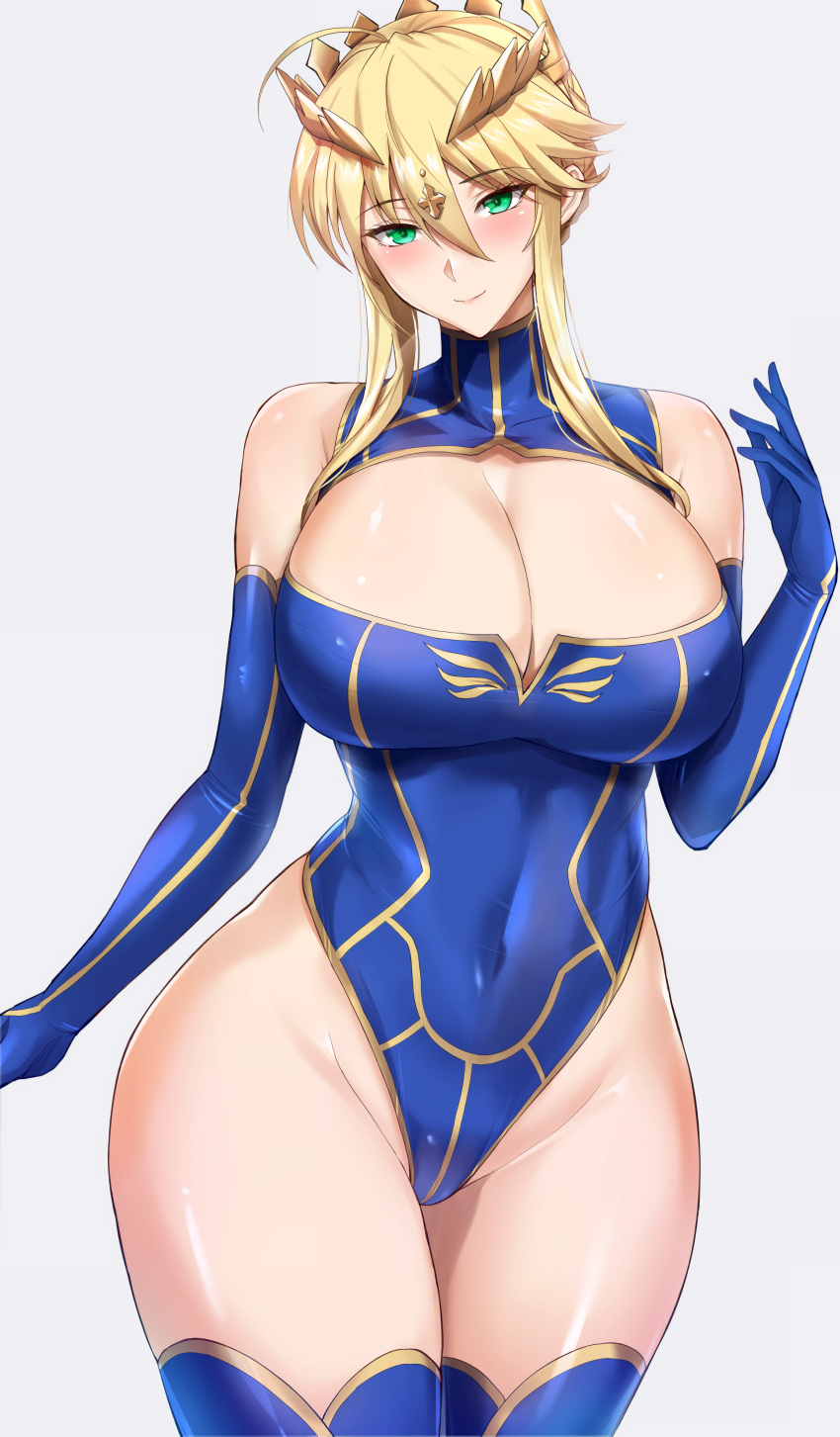 1girl absurdres ahoge artoria_pendragon_(all) artoria_pendragon_(lancer)_(fate) bare_shoulders blonde_hair blue_gloves blue_legwear blue_leotard braid breasts cleavage cleavage_cutout closed_mouth clothing_cutout covered_navel crown curvy elbow_gloves eyebrows_visible_through_hair fate/grand_order fate_(series) french_braid gloves green_eyes hair_between_eyes highleg highleg_leotard highres kumakichi_(cost-lost) large_breasts leotard lips long_hair looking_at_viewer shiny shiny_clothes shiny_hair shiny_skin sidelocks sleeveless smile solo thighhighs thighs