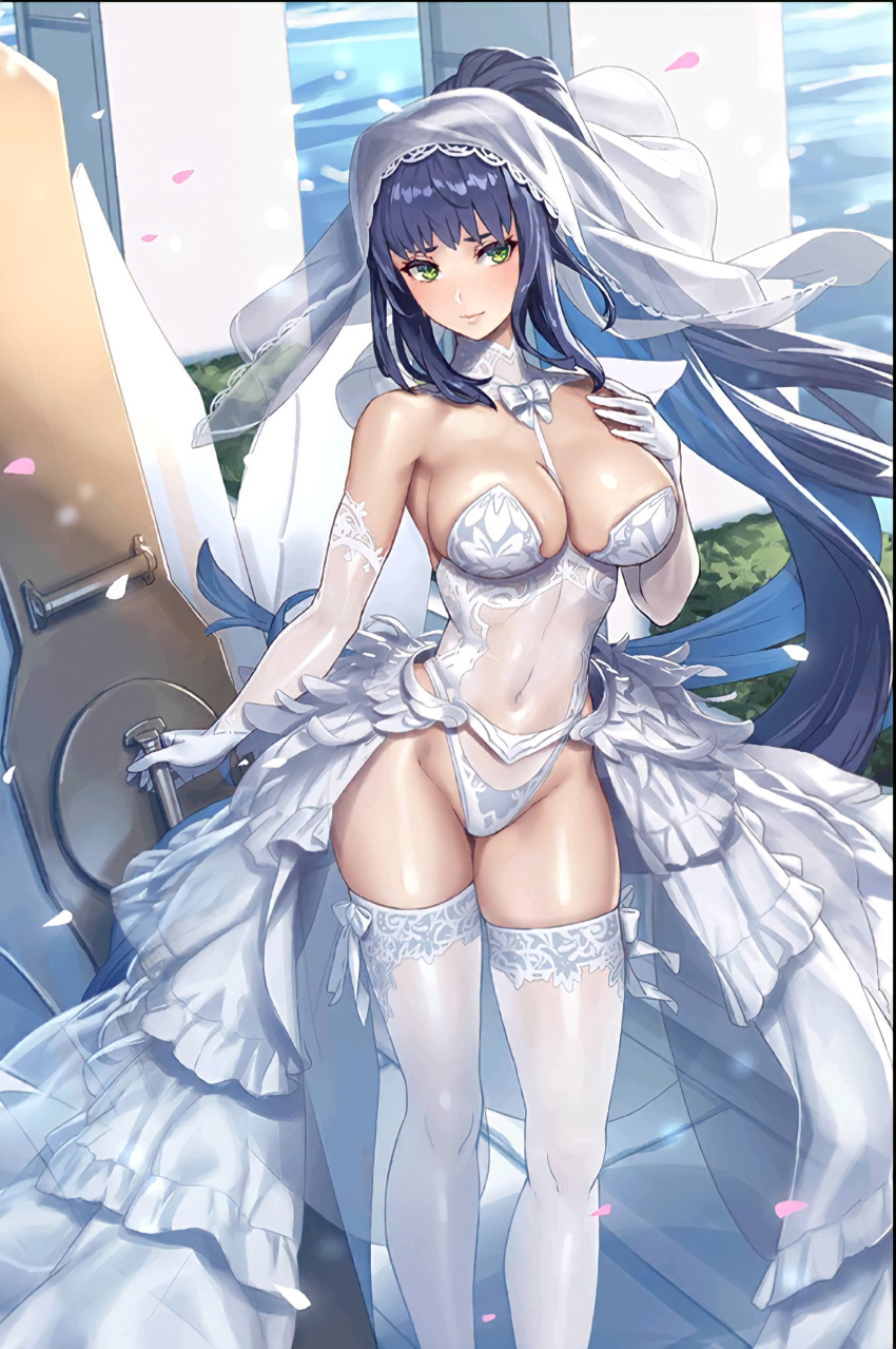 1girl absurdres bangs bare_shoulders blue_hair bow bowtie breasts bridal_gauntlets bridal_legwear bridal_lingerie bridal_veil bride cleavage collar cuboon curvy detached_sleeves dress elbow_gloves evertale gloves green_eyes hand_on_own_chest highres lace lace-trimmed_dress lace_trim large_breasts legs_together leotard lingerie ludmilla navel nervous_smile paladin ponytail seductive_smile see-through see-through_dress shiny shiny_skin skindentation smile solo thick_thighs thighhighs thighs underwear veil waist_cape wedding_dress white_legwear white_leotard