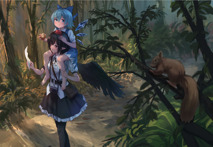 2girls animal animal_ears bag bangs barefoot black_bow black_hair black_legwear black_neckwear black_skirt blue_bow blue_dress blue_eyes blue_hair bow camera cirno closed_mouth collar commentary_request dress eyebrows_visible_through_hair food forest fruit ground hair_between_eyes hand_up hands_up hat highres ice ice_wings leaf light multiple_girls nature open_mouth pantyhose paper puffy_short_sleeves puffy_sleeves red_eyes red_headwear roke_(taikodon) shadow shameimaru_aya shirt short_hair short_sleeves sitting sitting_on_person skirt squirrel squirrel_ears squirrel_tail standing tail tokin_hat touhou tree white_collar white_shirt white_sleeves wings