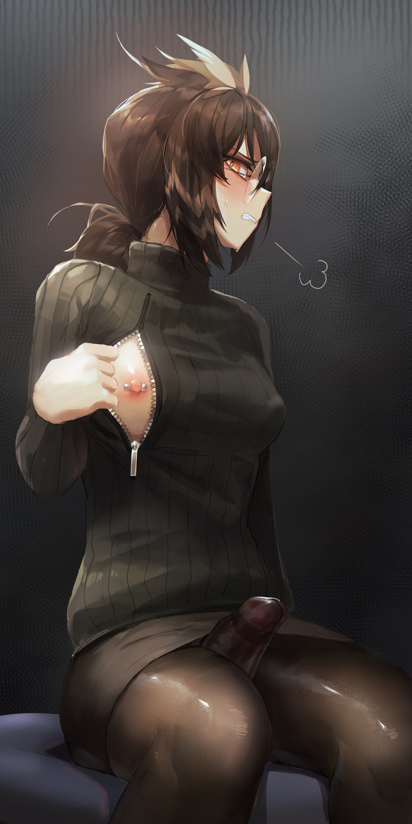 1girl =3 absurdres arknights black_legwear blush breasts brown_hair bulge clenched_teeth erection erection_under_clothes feather_hair futanari glasses highres long_sleeves looking_at_viewer mo_ne nipple_piercing nipples one_breast_out pantyhose penis piercing ribbed_sweater round_eyewear silence_(arknights) sitting solo sweater teeth turtleneck turtleneck_sweater unzipped yellow_eyes zipper zipper_pull_tab