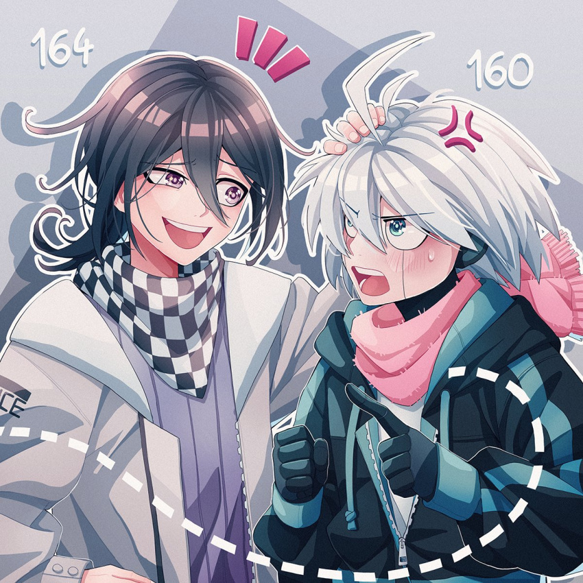 2boys :d ahoge alternate_costume anger_vein bangs black_hair black_jacket blush checkered checkered_neckwear checkered_scarf cheer_(cheerkitty14) clenched_hand danganronpa_(series) danganronpa_v3:_killing_harmony eye_contact gloves green_jacket grey_eyes grey_hair grey_jacket headpat highres jacket keebo looking_at_another male_focus multiple_boys notice_lines number open_clothes open_jacket open_mouth ouma_kokichi pink_scarf pointing_at_another scarf shirt smile sweatdrop two-tone_jacket upper_body upper_teeth white_shirt