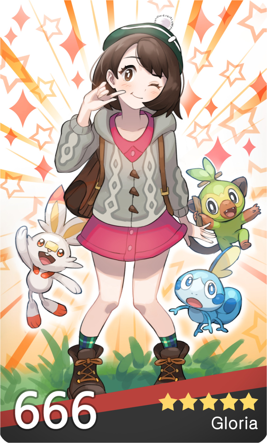 1girl :t backpack bag bangs banned_artist blush boots bright_pupils brown_bag brown_eyes brown_footwear brown_hair buttons cable_knit cardigan character_name closed_mouth collared_dress commentary dress eyelashes gen_8_pokemon gloria_(pokemon) grass green_headwear green_legwear grey_cardigan grookey hand_up hat highres hooded_cardigan kkamja looking_at_viewer number one_eye_closed pigeon-toed pink_dress plaid plaid_legwear pokemon pokemon_(creature) pokemon_(game) pokemon_swsh scorbunny short_hair smile sobble socks standing star_(symbol) starter_pokemon_trio tam_o'_shanter trainer_card white_pupils