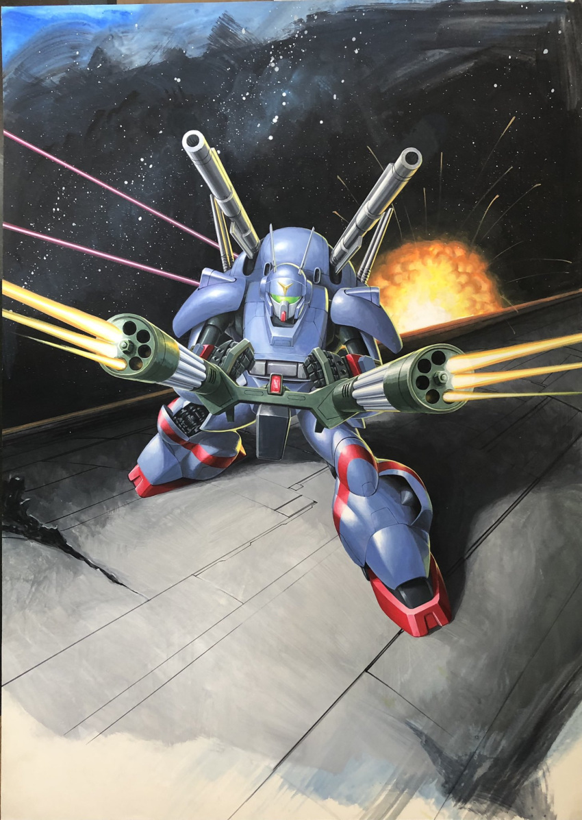 d-2 explosion firing gatling_gun highres kikou_senki_dragonar leaning_forward looking_at_viewer mecha no_humans official_art ryukow_masseau science shoulder_cannon solo space visor