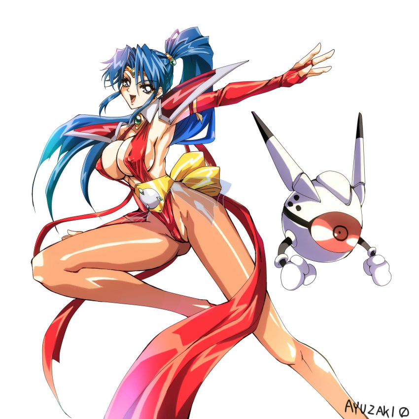 1girl absurdres armor armpits artist_name blue_eyes blue_hair breasts choujin_gakuen_gowcaizer cleavage commentary_request covered_nipples earrings elbow_gloves fingerless_gloves gloves hair_ornament highleg highres hishizaki_shaia_(gowcaizer) jewelry large_breasts leg_up lips long_hair open_mouth pantyhose ponytail red_gloves revealing_clothes robot shiny shiny_clothes shiny_hair shoulder_armor signature simple_background smile solo tiara tied_hair wpdh4443