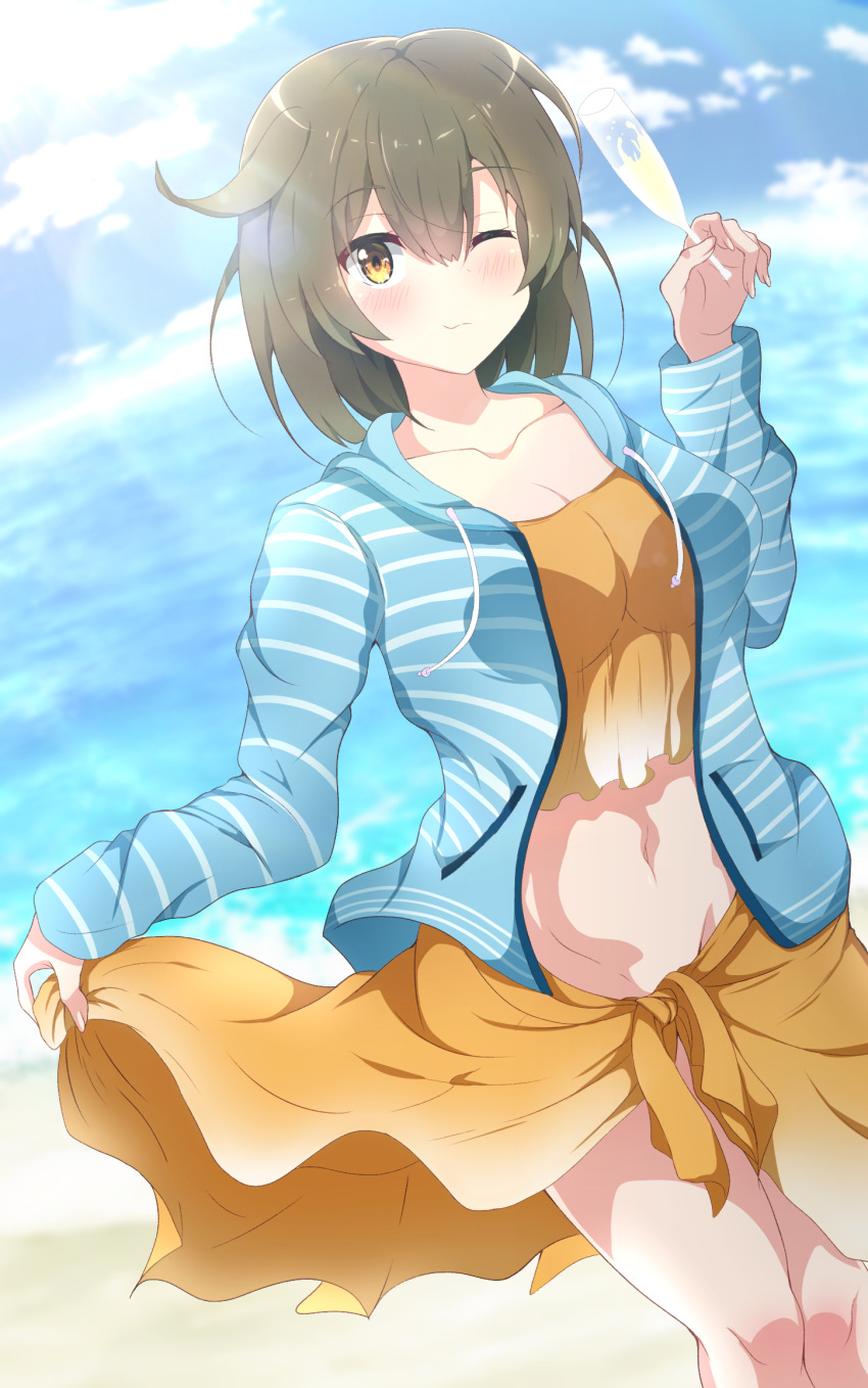 1girl alternate_costume blue_hoodie blue_sky breasts brown_eyes brown_hair crop_top cup day drinking_glass hair_down highres hiryuu_(kancolle) holding holding_cup hood hood_down hoodie kantai_collection medium_breasts navel one_eye_closed open_clothes open_hoodie outdoors sarong short_hair sky solo striped striped_hoodie yellow_sarong yuyu_hihi40