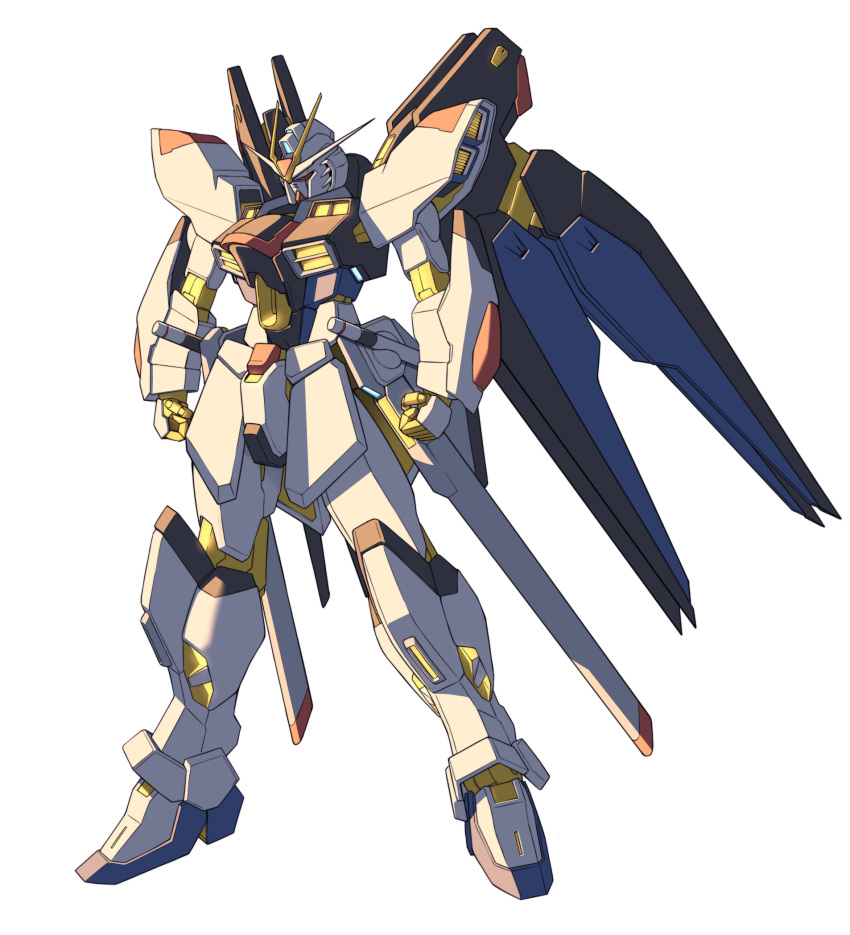 clenched_hands gundam gundam_seed gundam_seed_destiny highres looking_down mecha mechanical_wings mobile_suit science_fiction solo strike_freedom_gundam takahashi_masaki v-fin wings yellow_eyes