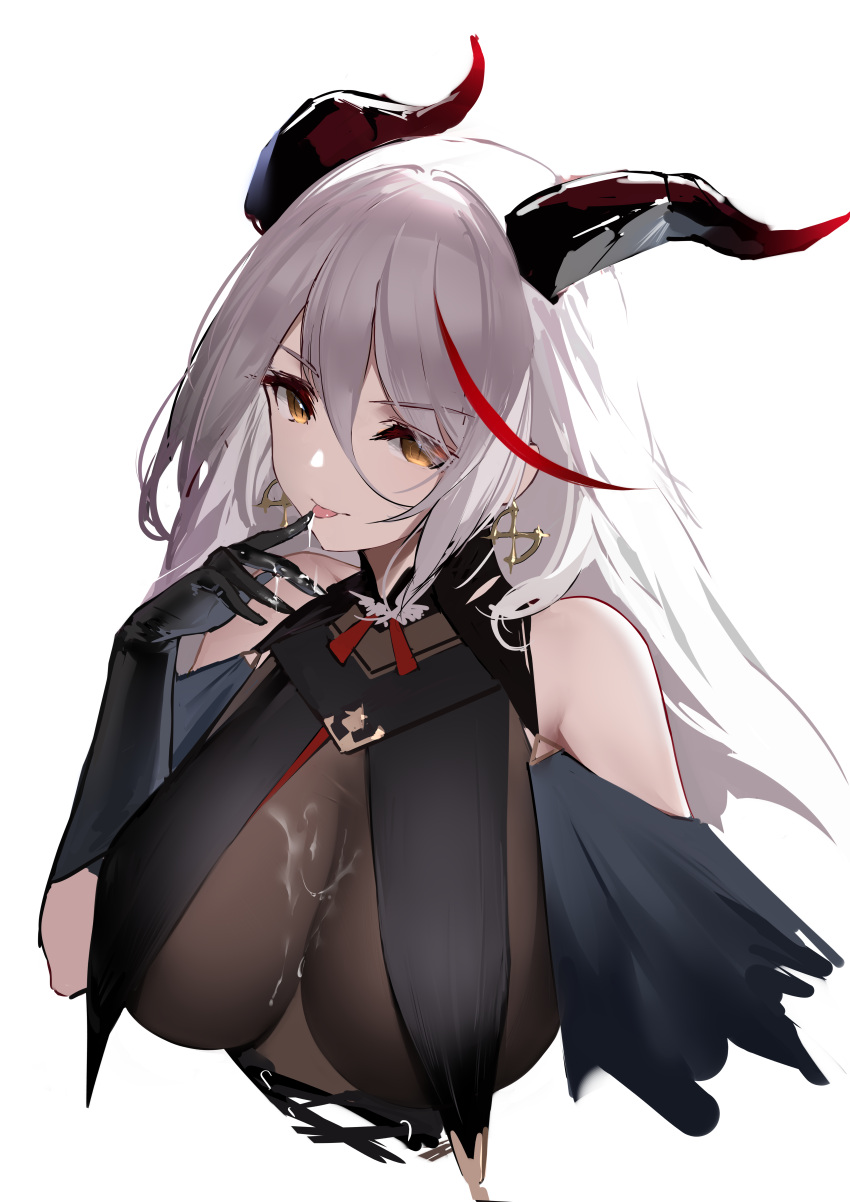1girl absurdres aegir_(azur_lane) an_yond azur_lane banned_artist bare_shoulders black_gloves bodystocking breast_curtains breasts cleavage demon_horns earrings eyebrows_visible_through_hair from_above gloves hair_between_eyes highres horns jewelry large_breasts licking licking_finger long_hair multicolored_hair silver_hair streaked_hair tongue tongue_out upper_body white_background yellow_eyes