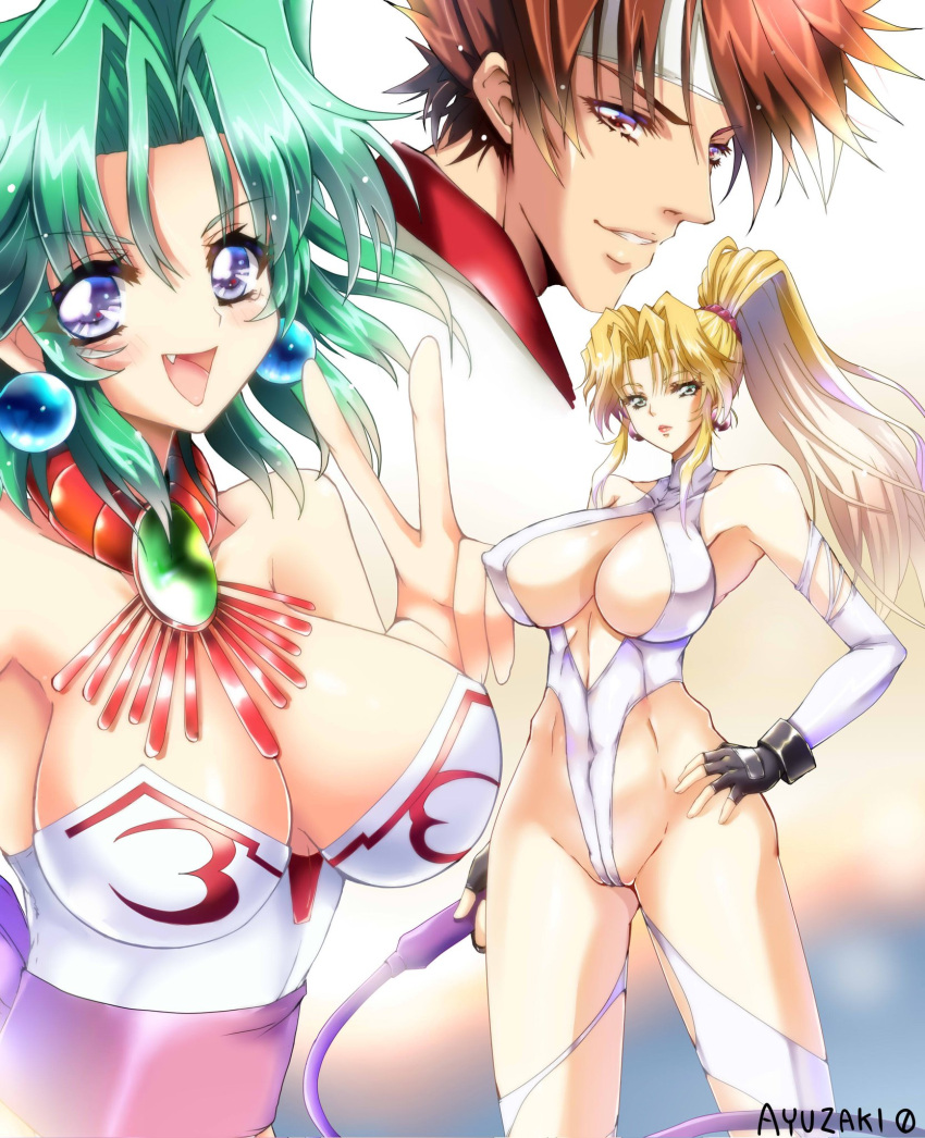 1boy 2girls artist_name bare_shoulders blonde_hair blue_eyes blush breasts brown_hair cleavage closed_mouth commentary_request covered_collarbone covered_navel earrings eiji_shinjo ellis_(toushinden) fang fingerless_gloves gloves green_eyes green_hair hand_on_hip headband high_ponytail highleg highleg_leotard highres holding holding_weapon jewelry large_breasts leotard lips long_hair looking_at_viewer multiple_girls open_mouth parted_lips ponytail purple_eyes short_hair signature simple_background smile sofia_(toushinden) strapless strapless_leotard thighs tied_hair toushinden turtleneck upper_body v weapon whip white_leotard wpdh4443