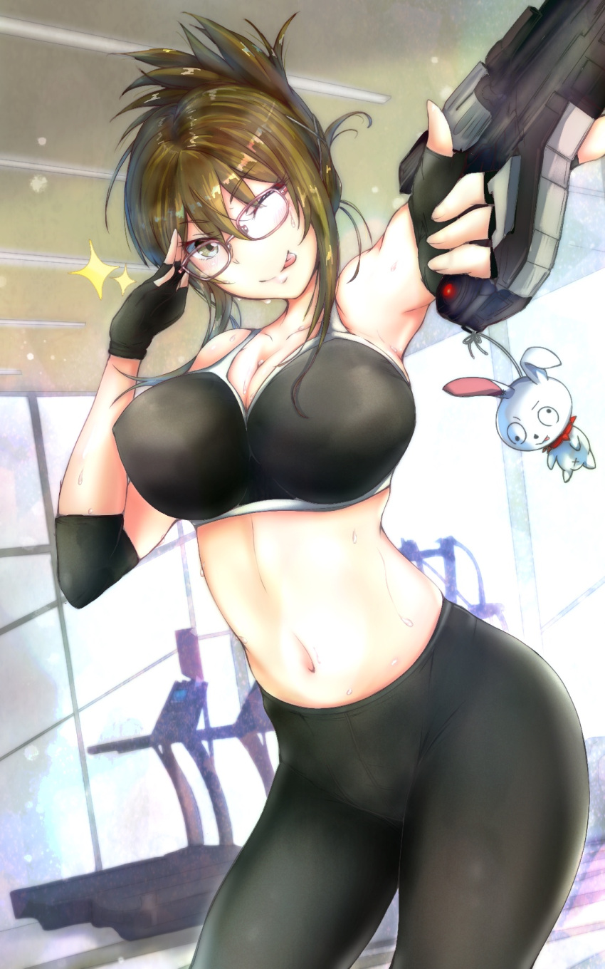 1girl bangs black_bra black_gloves bra breasts brown_hair cleavage collarbone elbow_gloves eyebrows_visible_through_hair glasses gloves gun highres holding holding_gun holding_weapon kisaragi_chitose large_breasts midriff navel rainier_(1976636922) solo sparkle sports_bra super_robot_wars super_robot_wars_v sweat tehepero tied_hair tongue tongue_out treadmill underwear v-shaped_eyebrows weapon