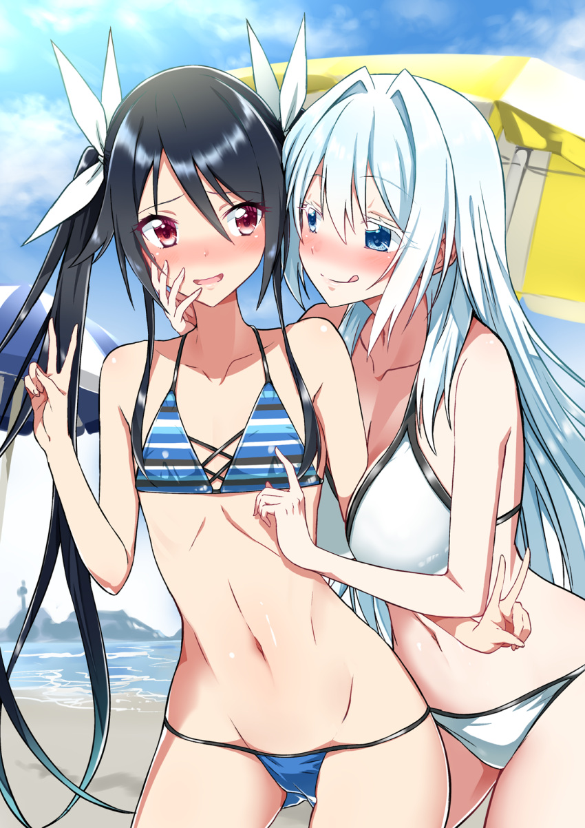 2girls :q beach bikini black_hair blue_bikini blue_eyes blue_sky blush breasts closed_mouth cloud day double_v flat_chest hair_ribbon highres large_breasts long_hair multiple_girls navel ocean open_mouth ore_twintail_ni_narimasu outdoors parasol red_eyes ribbon sky smile swimsuit tongue tongue_out tsube_aika twintails twoearle umbrella v white_bikini white_hair white_ribbon yuri yuto_(dialique)