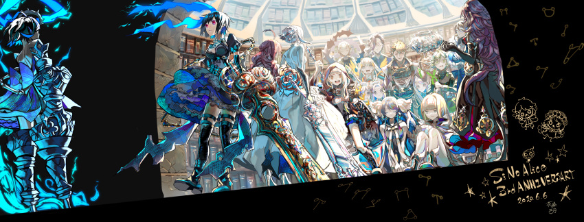 4boys 6+girls abs absurdres ahoge aladdin_(sinoalice) alice_(sinoalice) animal_ears anki_(sinoalice) apron bangs belt black_hair blonde_hair blue_hair blunt_bangs bob_cut book bookshelf boots braid briar_rose_(sinoalice) buckle chain chest_plate choker closed_eyes closed_mouth dorothy_(sinoalice) dress elbow_gloves energy_wings everyone flower formal glasses gloves green_eyes green_hair gretel_(sinoalice) hair_ornament hair_ribbon hameln_(sinoalice) hanazome_march happy hat headdress high_collar highres holding holding_weapon hood hood_up kaguya_hime_(sinoalice) kneeling legband little_red_riding_hood_(sinoalice) long_hair looking_at_another looking_at_viewer looking_down multiple_boys multiple_girls ningyo_hime_(sinoalice) orange_eyes otoko_no_ko petticoat pig_ears pinocchio_(sinoalice) plant puffy_short_sleeves puffy_sleeves purple_hair rapunzel_(sinoalice) red_eyes red_flower red_rose ribbon rose sad scared short_hair short_sleeves sidelocks silver_eyes sinoalice sleeping snow_white_(sinoalice) sparkle staff suit sword thighhighs thorns three_little_pigs_(sinoalice) twintails vines weapon white_dress zettai_ryouiki